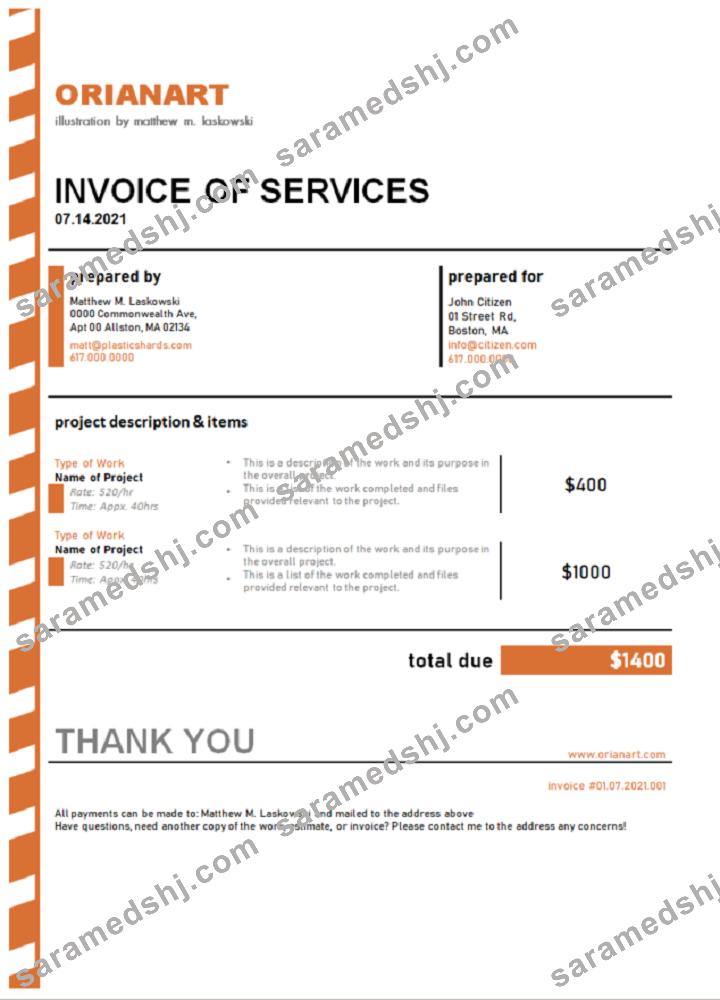 Australia Orianart art and design company invoice